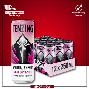 The British Pantry TENZING Raspberry & Yuzu Natural Energy Drink – 12 x 250ml Cans