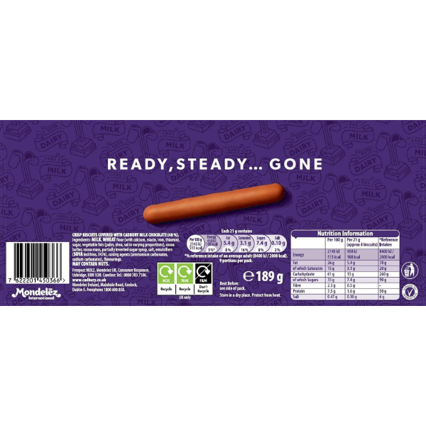 The British Pantry Cadbury Dairy Milk Fingers Milk Chocolate Biscuits – 189g Family Pack