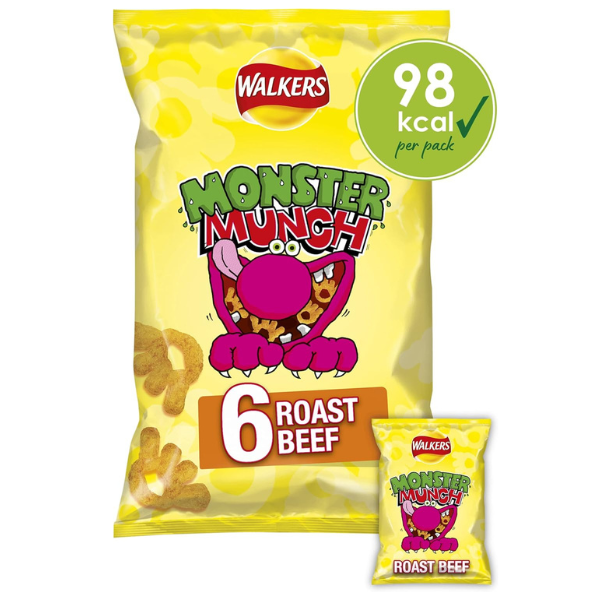 The British Pantry Walkers Monster Munch Roast Beef Corn Snacks Multipack – 6 x 20g (120g)