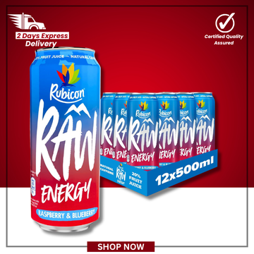 The British Pantry Rubicon RAW Raspberry & Blueberry Energy Drink – 500ml (Pack of 12)